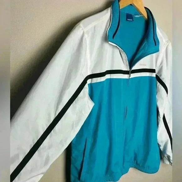 Retro Reebok Windbreaker Jacket Lined Full Zip Blue White Navy Stripe Y2K - Picture 3 of 14